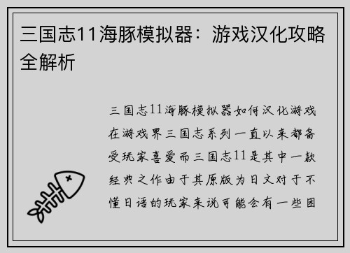 三国志11海豚模拟器：游戏汉化攻略全解析